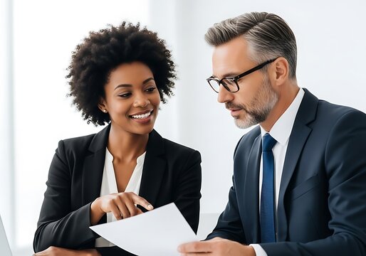 Diverse business professionals collaborating and discussing documents in a modern office setting