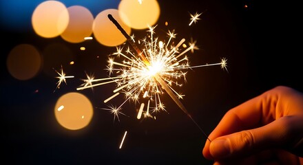 Hand holding a sparkling sparkler with glowing bokeh lights in the background at night