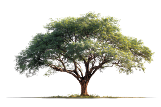 Large green leafy tree with thick brown trunk on black background nature, Isolated On Transparent Background, Png Cut Out