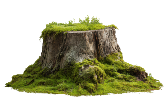 Large moss covered tree stump with green grass and small plants image, Isolated On Transparent Background, Png Cut Out