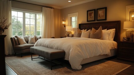 A cozy and elegant hotel-style bedroom with a grand king bed, layered soft bedding, and a chic contemporary seating area