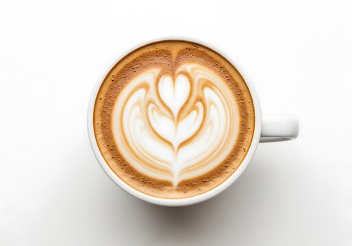 A deliciously crafted latte art heart design in a white ceramic cup on a white background