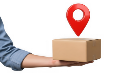 Hand holding a cardboard box with a red location pin isolated on transparent background