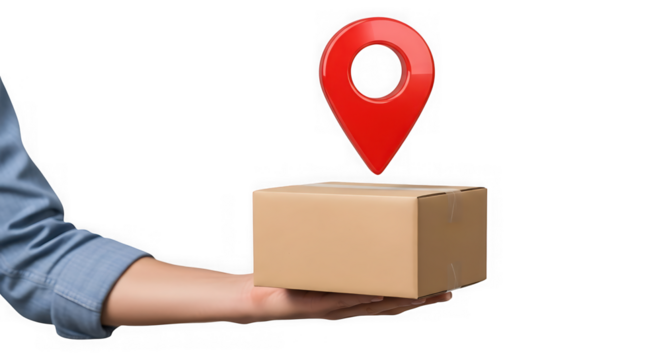 Hand holding a cardboard box with a red location pin isolated on transparent background