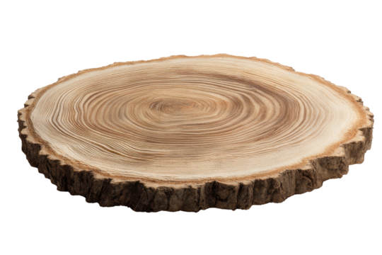 Natural wood slice with growth rings and rough bark edge tree trunk, Isolated On Transparent Background, Png Cut Out