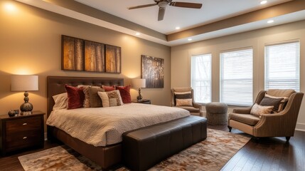 A cozy and elegant master bedroom with a king-sized bed, rich wood finishes, and a stylish seating area with plush modern chairs