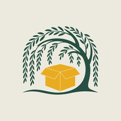 Natural Packaging Logo: Cardboard Box under Willow Tree Silhouette, Eco-Friendly Delivery Icon © MdBillal