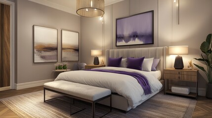 A cozy and modern bedroom featuring a plush queen bed, soft lavender accents, and elegant wooden textures, creating a tranquil retreat.