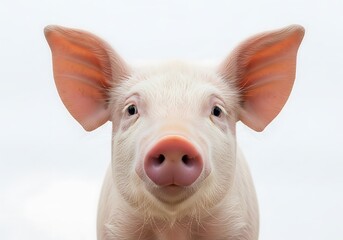 Close up portrait of a curious young pig with large ears and a pink snout against a white background
