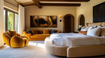 A cozy and modern master suite with a king-sized bed, soft golden hues, and a stylish seating area with sculptural chairs, bathed in ambient lighting.