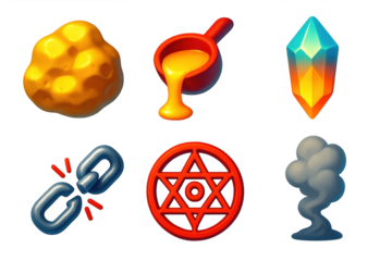 Set of six icons, including a broken chain, a crystal, a cauldron, a star
