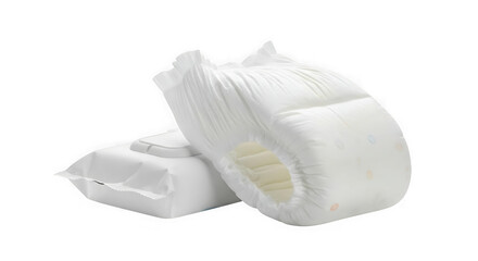 Baby diaper and wet wipes isolated on transparent background for hygiene and care