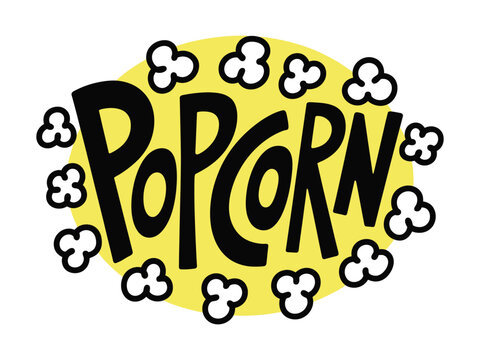 A bold and playful popcorn illustration featuring black lettering on a yellow background, surrounded by whimsical popcorn kernels - Powered by Adobe