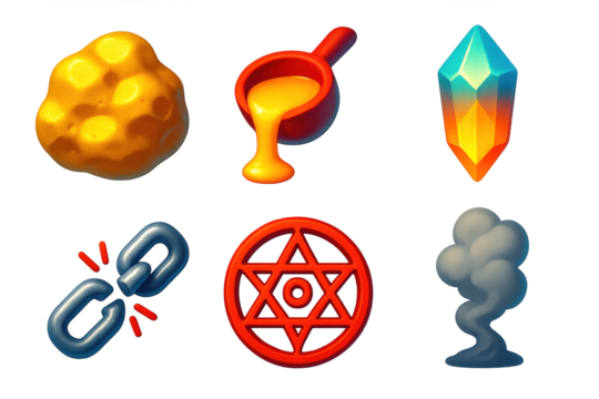 Set of six icons, including a broken chain, a crystal, a cauldron, a star