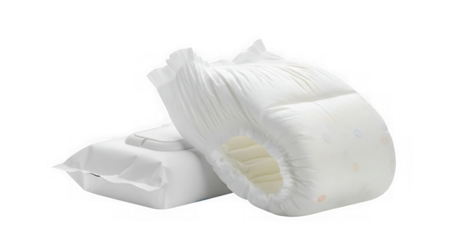 Baby diaper and wet wipes isolated on transparent background for hygiene and care