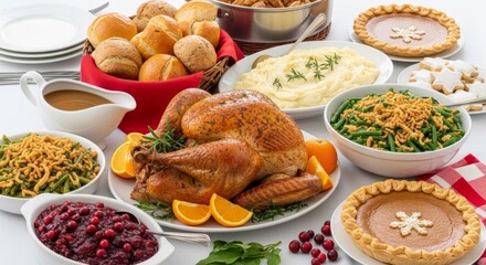 A bountiful Thanksgiving feast featuring a roasted turkey, side dishes, and desserts, set on a white table.