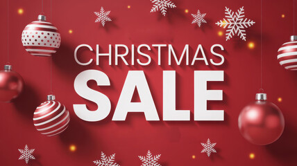 Snag incredible Christmas deals now! Shop amazing discounts during our holiday sale, surrounded by festive ornaments and snowflakes on red background