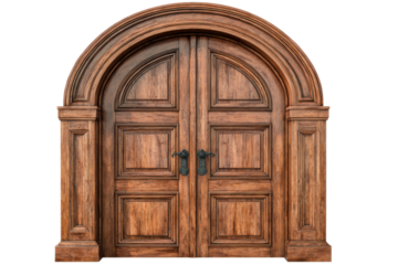 Ornate arched double wooden doors with dark metal handles and pilasters image, Isolated On Transparent Background, Png Cut Out