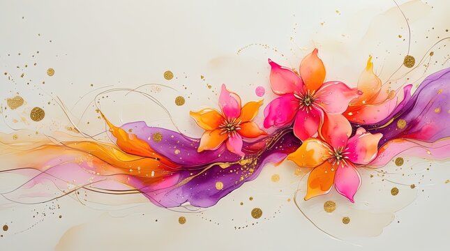 Dynamic abstract floral art in bright pinks, oranges, yellows, and gold. Fluid, watercolor style with delicate details on a soft background. Banner, Wallart.