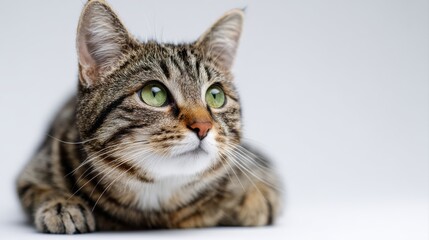 Obraz premium Studio portrait of a sitting tabby cat looking forward against a white back ground