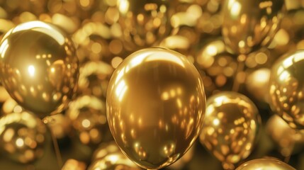Close-up of shiny gold balloons clustered together, reflecting light, celebrating festive or party event.