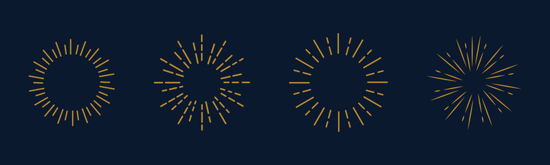 Collection of golden fireworks or sparkler rays and lines. Vector decorative elements.