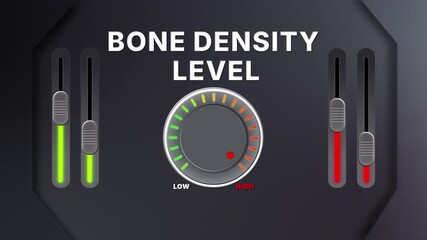 Animation of Bone density level on a circular gauge moving from low to high and back. Ideal for health, fitness, metabolism or medical data content.