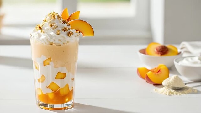 A beautifully layered peach smoothie or parfait sits on a bright white table. This delicious and healthy dessert features chunks of fresh fruit, creamy yogurt, and is topped with whipped cream, granol