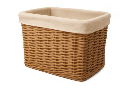 Wicker basket with fabric liner, empty container for laundry, storage, organization, background transparent