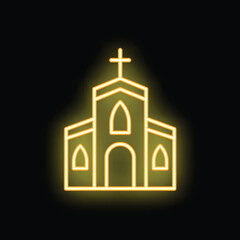 Neon sign showing a church with a glowing cross on top, symbolizing faith and religion