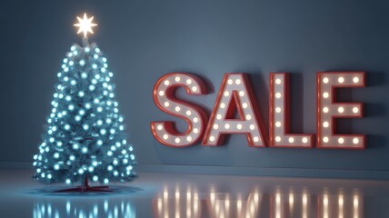 Festive Christmas sale announcement with illuminated SALE sign and glowing tree, perfect for holiday marketing and promotions