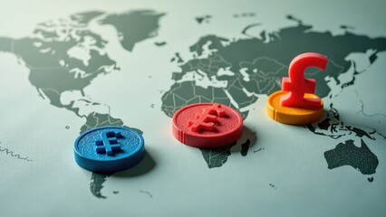 A world map with a bitcoin symbol and a pound sign, suitable for financial or technology-related contexts