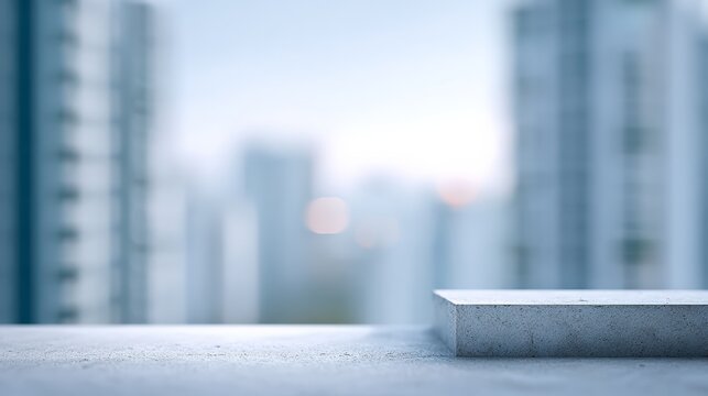 Concrete podium presenting product on a textured surface, offering a modern mockup space with blurred high rise city buildings creating a contemporary backdrop