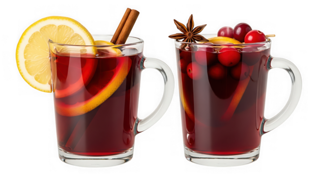 Two glasses of mulled wine with lemon, cinnamon, cranberries and star anise isolated on transparent background