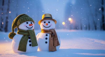 Two snowmen wearing hat and scarf in snowy outdoor scene, representing winter holiday, festive mood and Christmas celebration for greeting card and seasonal themes