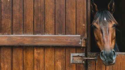 Horse head peeking out of wooden stall door with metal latch in stable environment setting indoors