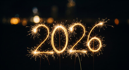 Sparkling 2026 new year celebration on dark background, new year event