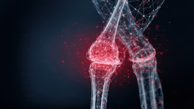 Digital knee joint with red highlights and network connections on a dark background design