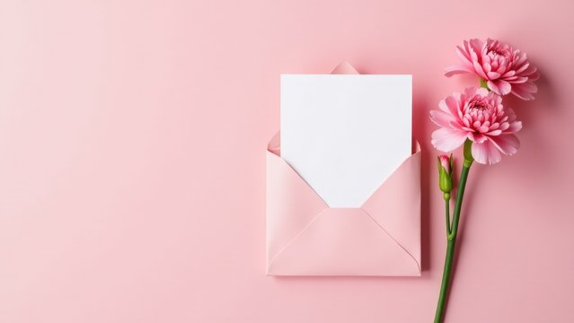 A pink envelope with a white card and pink carnations on a pink background - Powered by Adobe