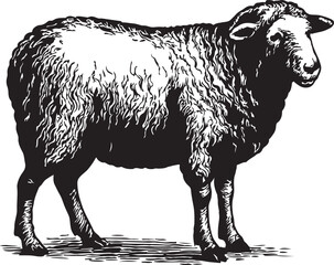 A detailed vintage illustration of a standing sheep side view.
