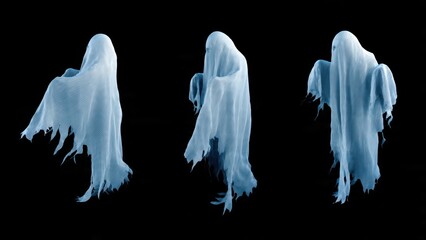 Three ghostly figures draped in white sheets floating against a stark black background spooky scene
