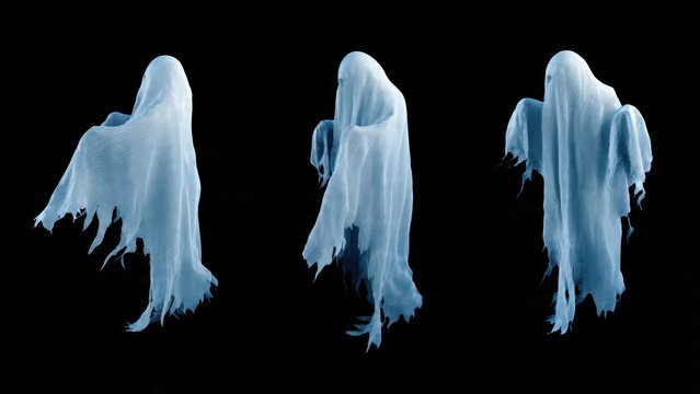 Three ghostly figures draped in white sheets floating against a stark black background spooky scene