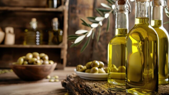 Glass bottles of olive oil on a wooden table. A bowl of green olives and olive branches are present, creating a rustic kitchen scene.