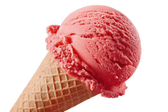 Pink strawberry ice cream scoop on waffle cone against black background image, Isolated On Transparent Background, Png Cut Out