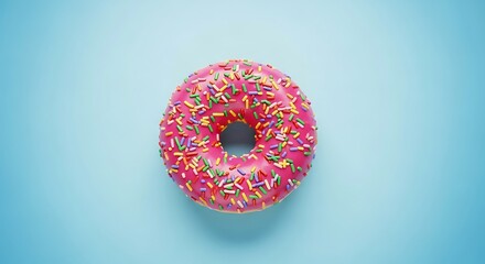 Pink Frosted Donut with Colorful Sprinkles on Blue Background - Top View

