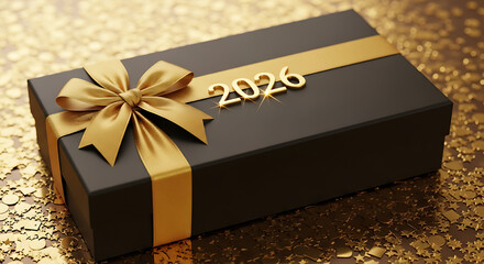 Black gift box with golden ribbon for 2026 year, new year event