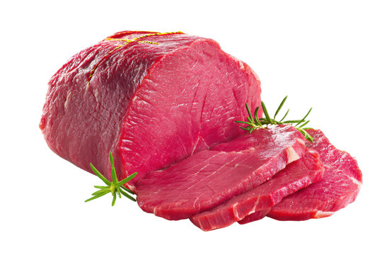 Raw beef roast with rosemary sprigs sliced on black background meat, Isolated On Transparent Background, Png Cut Out