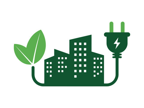 Green energy logo with building, leaf and plug symbolizes sustainable urban development and ecofriendly power sources