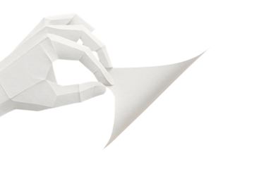 White geometric hand peeling back a blank paper corner revealing new idea isolated on transparent background