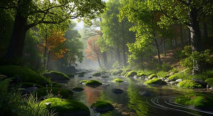 Obraz premium Serene Forest Stream - Lush Greenery and Tranquil Waterscape.
